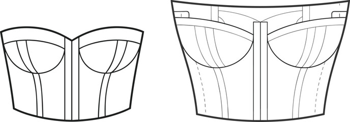 Women's Strapless Corset Top Design: Technical Flat Sketch for Lingerie and Apparel, Front and Back Views with Seam Details, Fashion Illustration for Undergarment Template.