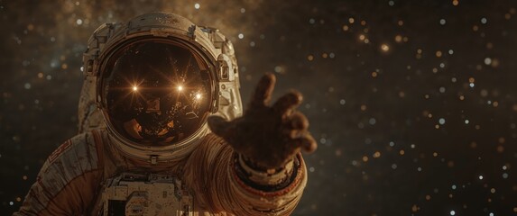 Fototapeta premium Lost in the Depths of Space. A Lone Astronaut Reaches Out Amidst the Stars.