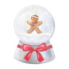 Gingerbread Man in a Snow Globe. Watercolor illustration of a Christmas snowball with snowfall. Hand drawn holiday sketch of Snowglobe on white isolated background. Water color painting art image