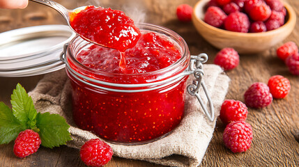 Homemade raspberry jam dripping from spoon into glass jar
