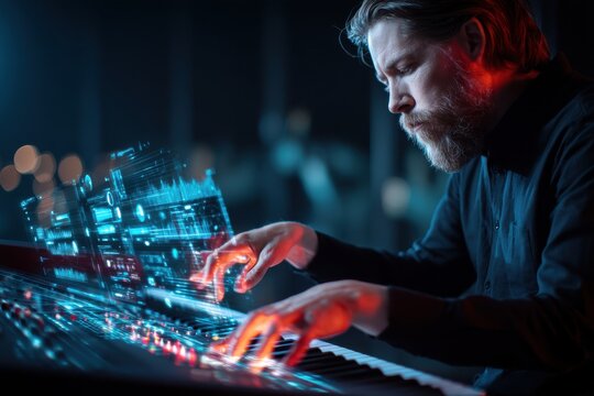 A focused man plays a futuristic digital piano with holographic elements and glowing interfaces in a dimly lit, high-tech environment.