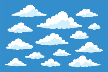 Set of cartoon style white clouds in blue sky background in flat vector illustration