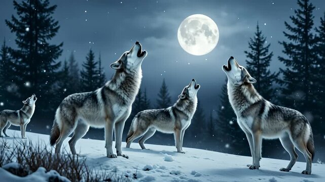 Majestic wolves howling at the full moon during a serene winter night in a snowy forest landscape.