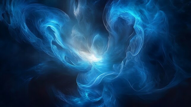 Ethereal Swirling Blue and White Nebula Clouds with Glowing Light Center in Dark Abstract Cosmic Background for Dreamy Visual Themes