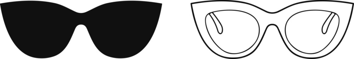 Stylish Butterfly Sunglasses Icons: Elegant Black Silhouette and Outline Vector Illustrations, Trendy Eyewear for Fashion, Glamour, and Accessory Design Elements.