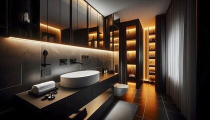 Hotel bathroom with stylish contrast of dark and light surfaces creates a sophisticated and relaxing atmosphere