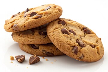Delicious chocolate chip cookies stacked together isolated on white background