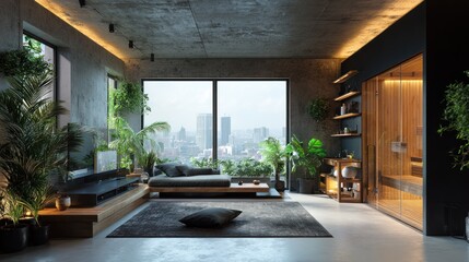 Fototapeta premium Modern, minimalist interior features large windows, plants, wooden elements, and city views