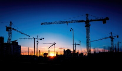 Dramatic silhouette of construction cranes against a vibrant twilight sky evokes progress and urban development at dusk.