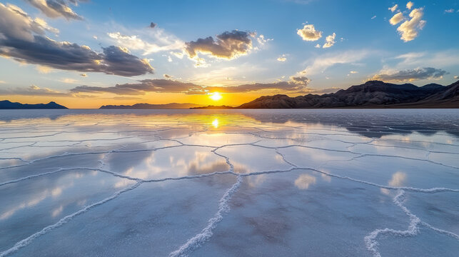Reflective salt flats at sunset create stunning landscape with vibrant colors and serene beauty