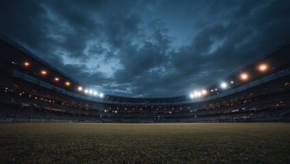Dramatic stadium view under a cloudy night sky with bright lights illuminating the field creating a sense of anticipation and excitement.