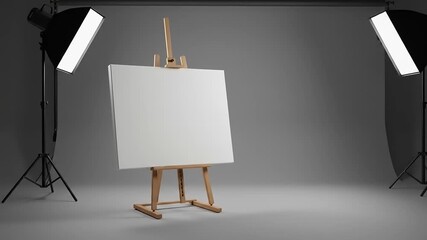 Blank canvas on wooden easel in a photography studio, illuminated by softbox lights for art creation