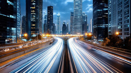 Fototapeta premium Vibrant city skyline at night with illuminated skyscrapers and busy highway
