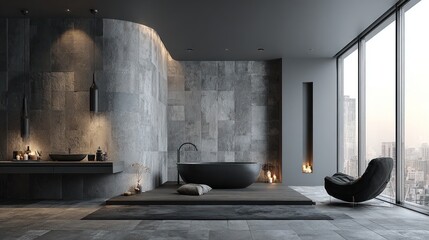 Luxurious modern bathroom featuring a dark soaking tub, large windows, and fireplace