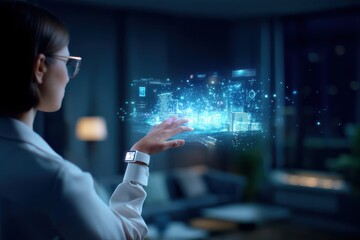A woman interacts with a futuristic holographic cityscape, showcasing advanced technology and digital innovation in a modern setting.