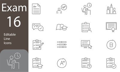 Exam Editable Line Icons Set. questionnaire, test results, answer, and more. Isolated on transparent background. Vector illustration