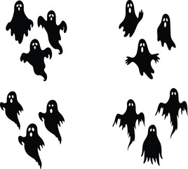 Set of Spooky Halloween ghost figures silhouette. Black and white vector editable file. Ghost, Witch, Witch Hat, Broomstick, Black Cat, Bat, Spider, Spider Web, Skeleton