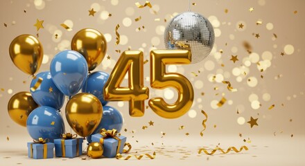 Festive 45th birthday celebration with balloons and disco ball