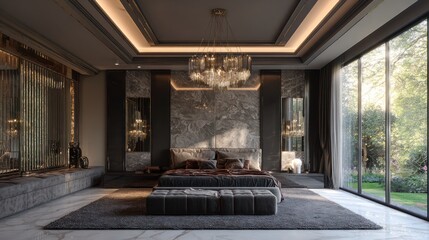 Luxurious master bedroom with dark tones, marble wall, large windows, and a crystal chandelier.  A plush bed and seating area complete the opulent space