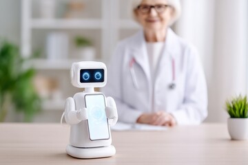 A small white robot with a digital face holds a smartphone on a desk, with a smiling elderly woman in a white lab coat blurred in the background.
