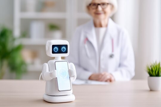 A small white robot with a digital face holds a smartphone on a desk, with a smiling elderly woman in a white lab coat blurred in the background.