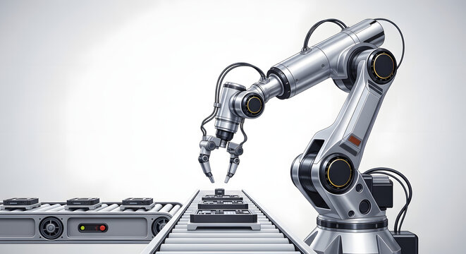 Industrial robotic arm picking components on an automated assembly line in a modern factory setting - Powered by Adobe