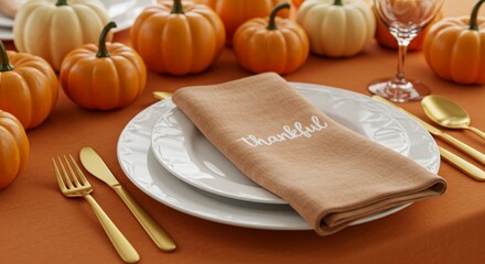Thanksgiving table setting with pumpkins and thankful napkin for festive holiday decor