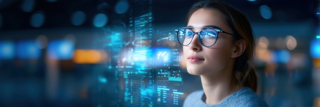 A young woman wearing glasses gazes thoughtfully at a futuristic blue digital interface filled with data and graphs in a dimly lit environment. - Powered by Adobe