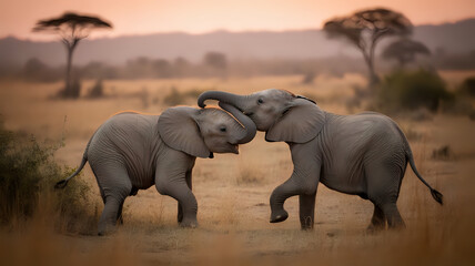 Fototapeta premium Two Baby Elephants Playful Interaction at Sunset