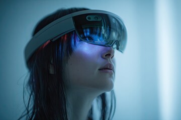 A young person wearing AI-integrated smart glasses, controlling floating holograms in a soft futuristic space.