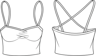  Stylish women's fashion design, front and back views, featuring a trendy bustier crop top with delicate spaghetti straps and a unique criss-cross back detail, perfect for summer apparel.