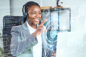 Smiling Business Professional Interacting With Advanced Digital Interface, Wearing Headset,...