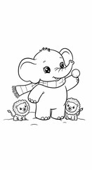 Fototapeta premium Elephant playing in the snow with two little lions, cute illustration for coloring, black and white line art, copy space