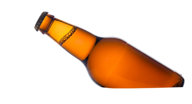Empty amber glass beer bottle tilted on its side isolated on transparent background