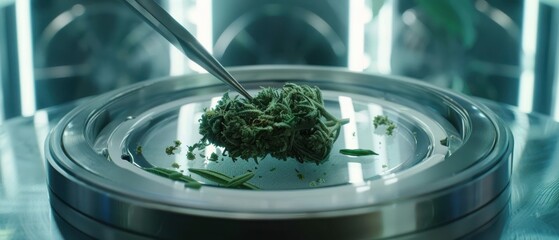 Close Up of Silver Tweezers Handling Green Cannabis Bud on Metallic Surface in Laboratory