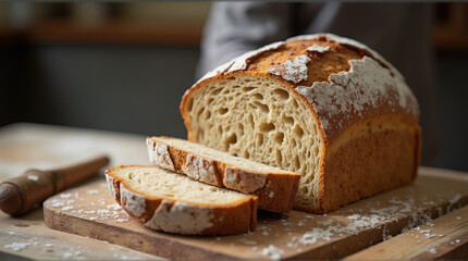 a rustic sourdough bread loaf being sliced