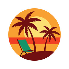 Vibrant tropical beach scene with coconut trees and a beach chair vector design