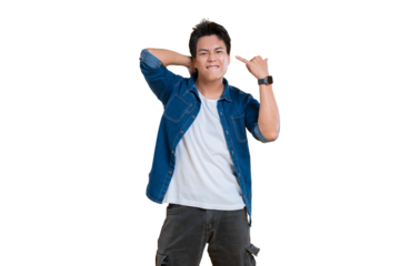 A young man confidently posing in front of a background. He is smiling, with one hand behind his head and the other hand pointing to his head. The man is well dressed on png background