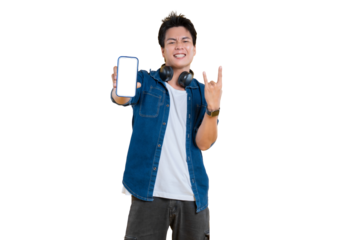 A young man enthusiastically showcasing his smartphone and using the rock on hand gesture on png background