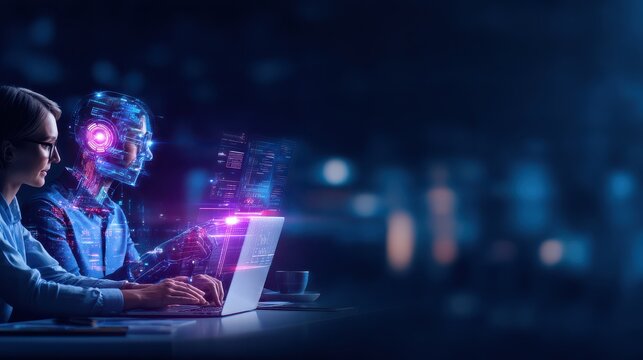 A woman collaborates with a holographic AI robot on a laptop, symbolizing futuristic technology and human-machine interaction.