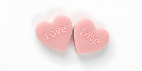 Fototapeta premium Two pastel heart-shaped love soaps on a white background