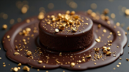a luxury dark chocolate dessert with gold flakes