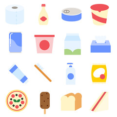 Supermarket processed goods and daily necessities icon set. Flat color style