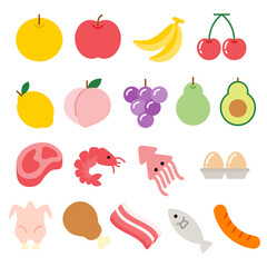 Supermarket fruits, meat, and seafood ingredients icon set. Flat color style