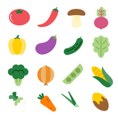 Supermarket fresh vegetables icon set. Flat color style