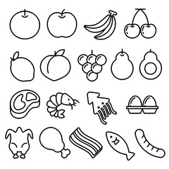 Supermarket fruits, meat, and seafood ingredients icon set. Line outline style