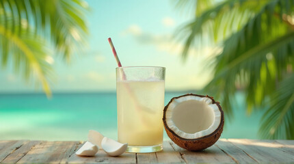 a refreshing coconut water in a tropical setting