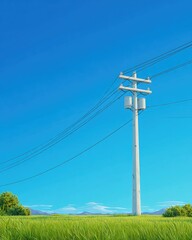 Obraz premium White utility pole with wires against a clear blue sky over a grassy field