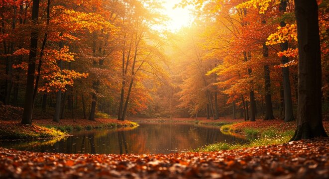Autumn serenity in a sunlit forest pond scene for tranquil design