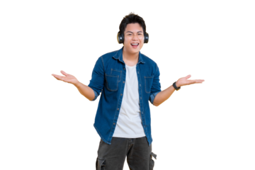 Happy person enjoying music using headset, spreading arms, and smiling. A joyful moment captured, expressing pure delight on png background